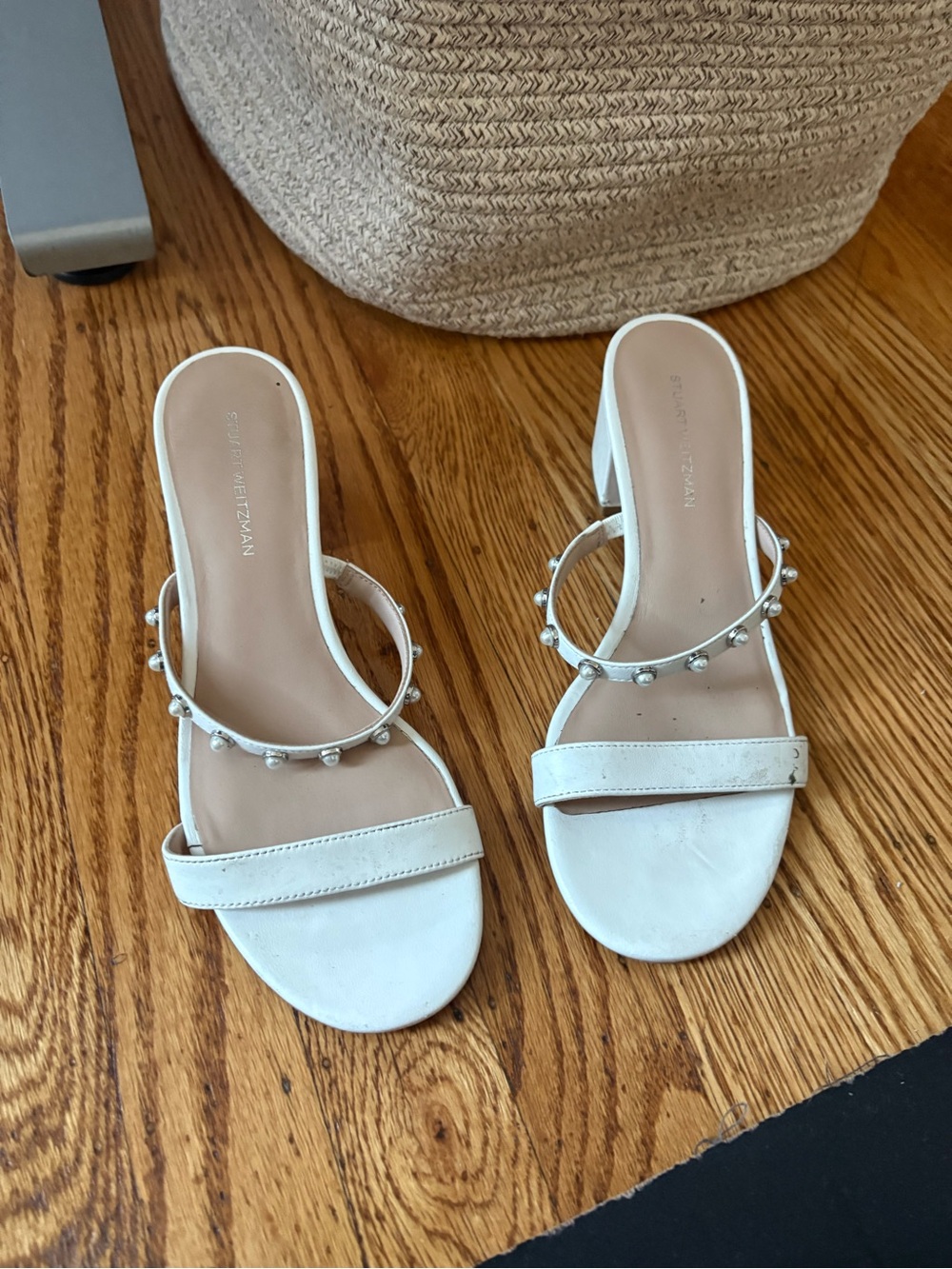 Stuart Weitzman White Pearl-Embellished Slide Mules